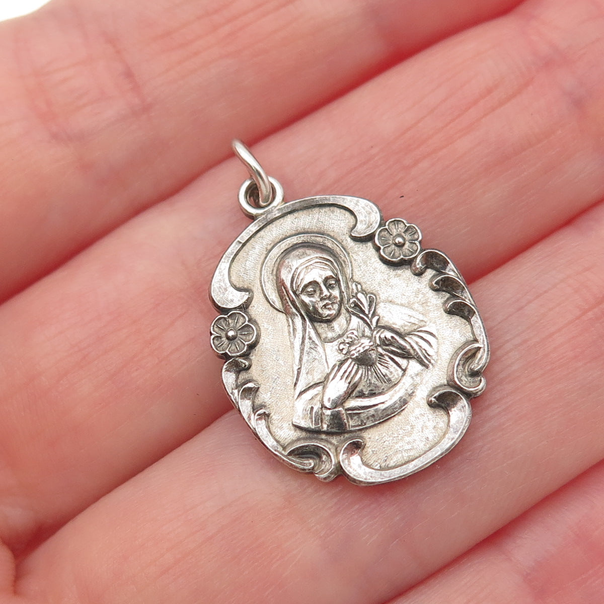 925 Sterling Silver Antique Art Deco St. Mary Miraculous Oxidized Charm Pendant