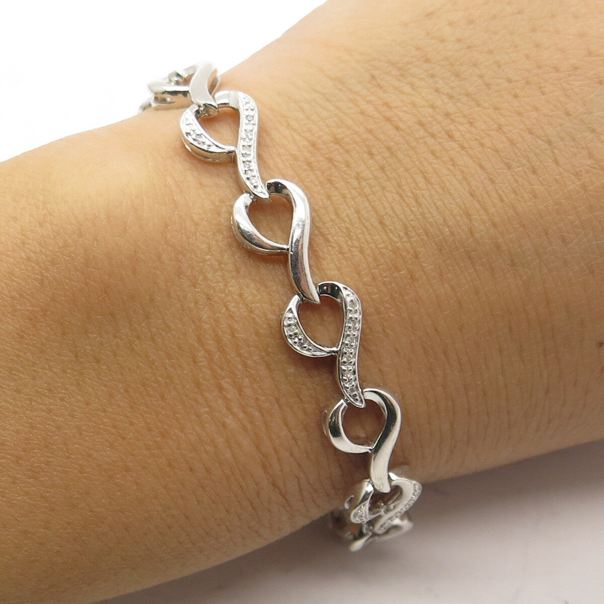 SUN 925 Sterling Silver Real Round-Cut Diamond Heart Link Bracelet 7.25"
