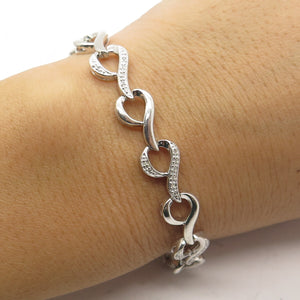SUN 925 Sterling Silver Real Round-Cut Diamond Heart Link Bracelet 7.25"
