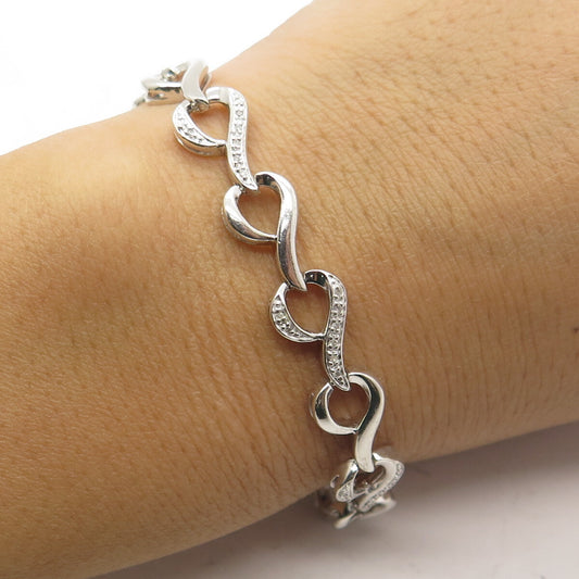 SUN 925 Sterling Silver Real Round-Cut Diamond Heart Link Bracelet 7.25"