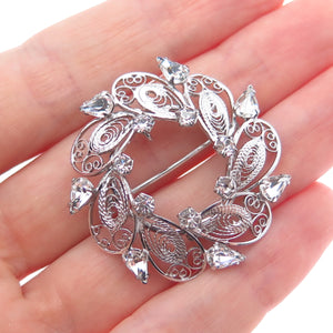 CARL ART 925 Sterling Silver Antique Rhinestone Filigree Pin Brooch / Pendant