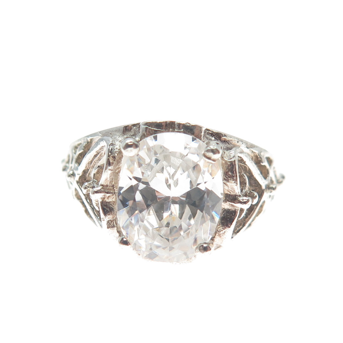 925 Sterling Silver Oval-Cut Shaped C Z Ornate Heart Ring Size 6.5