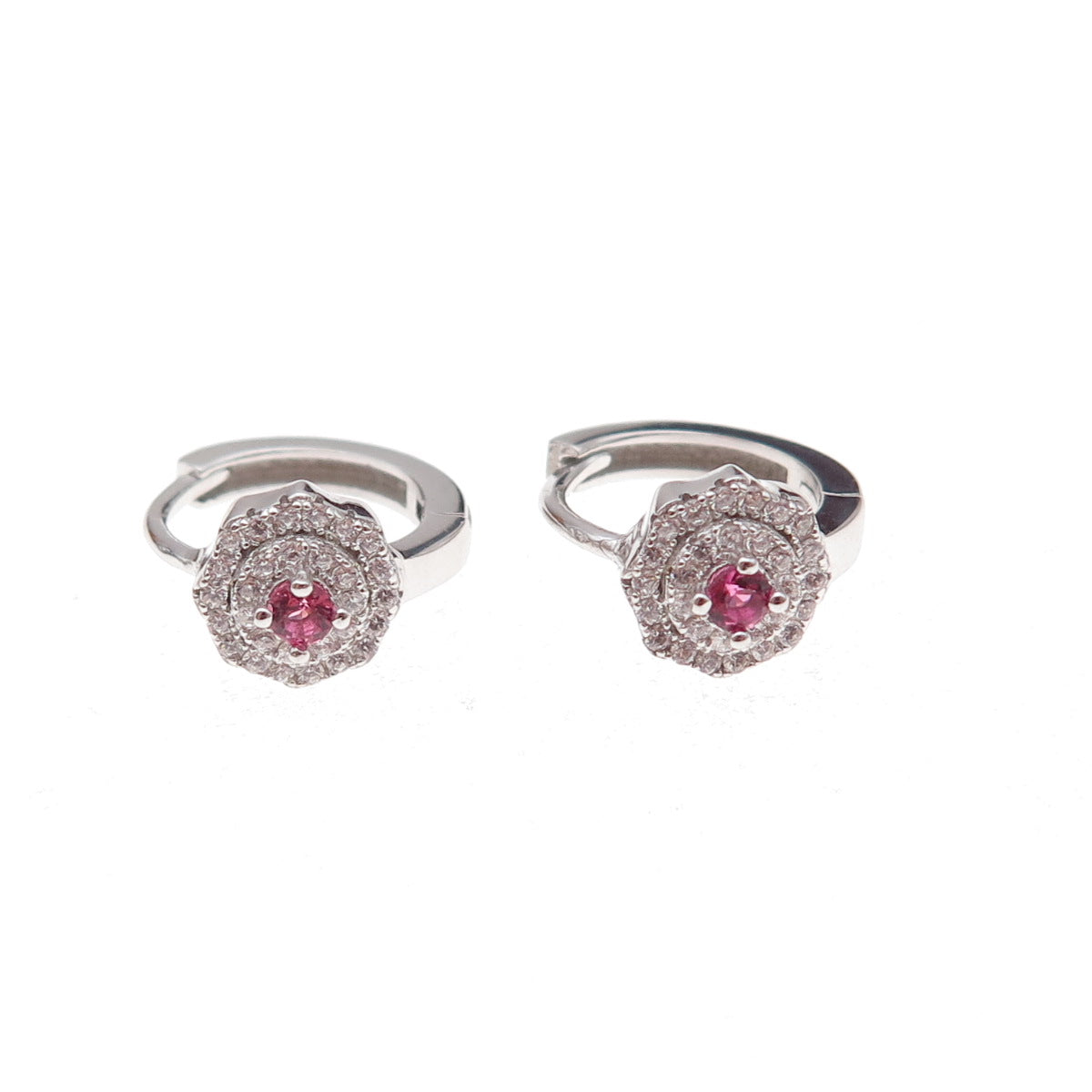 925 Sterling Silver Pink & White C Z Floral Hoop Earrings