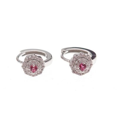 925 Sterling Silver Pink & White C Z Floral Hoop Earrings