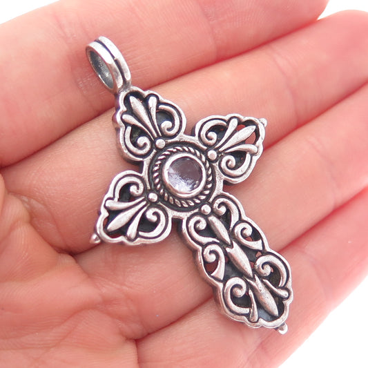 925 Sterling Silver Vintage Real Amethyst Floral Cross Oxidized Pendant