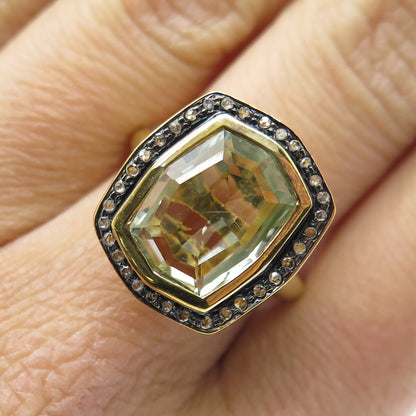 925 Sterling Silver Gold Plated White Diamond & Blue Topaz Gem Ring Size 7.75