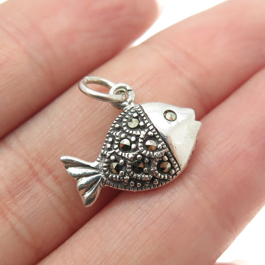 925 Sterling Silver Vintage Real Marcasite Fish Minimalist Charm Pendant