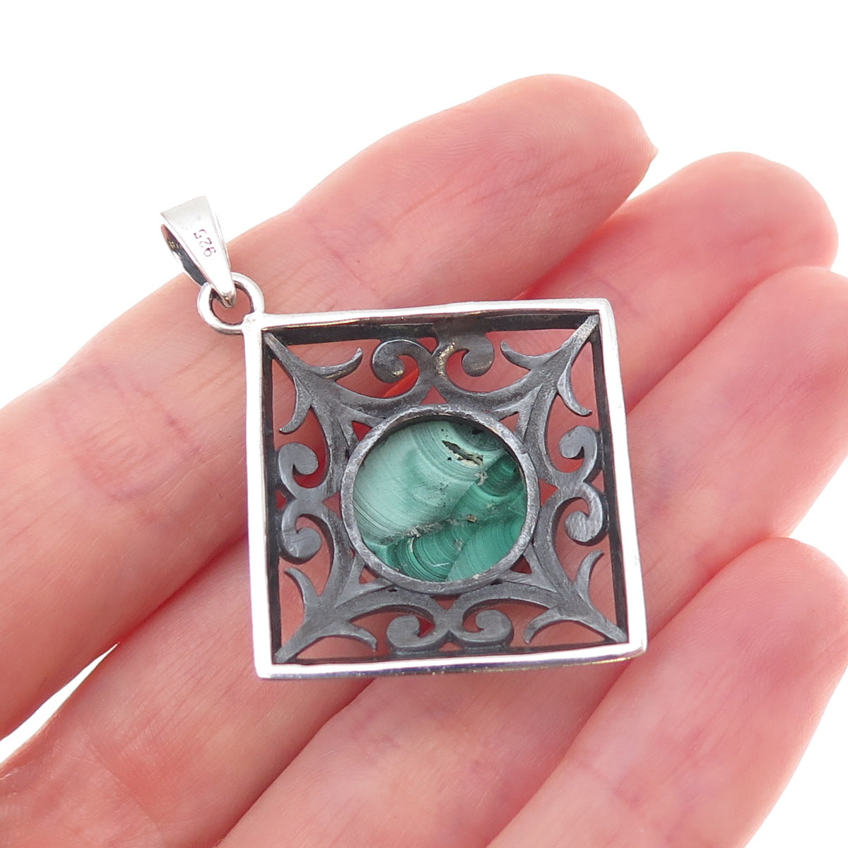 925 Sterling Silver Vintage Real Malachite Floral Oxidized Pendant
