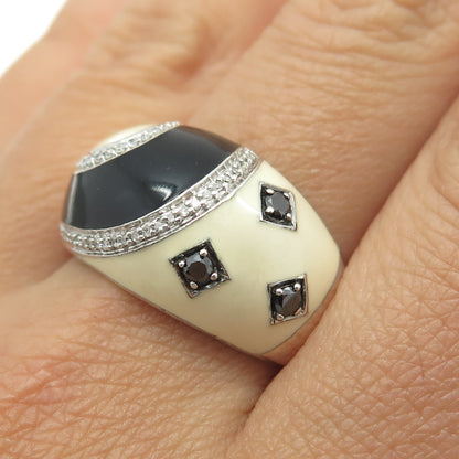 JANE SEYMOUR 925 Sterling Silver Enamel Real Black & White Diamond Ring Size 10