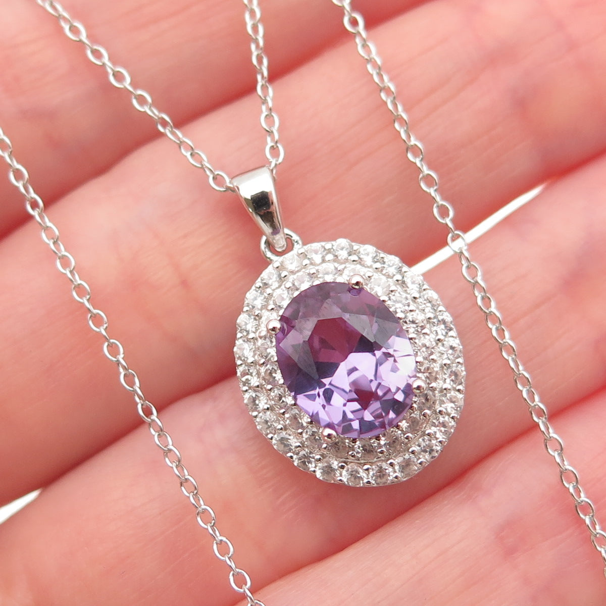 925 Sterling Silver Real White Topaz & Lab-Created Peacock Sapphire Necklace 18"
