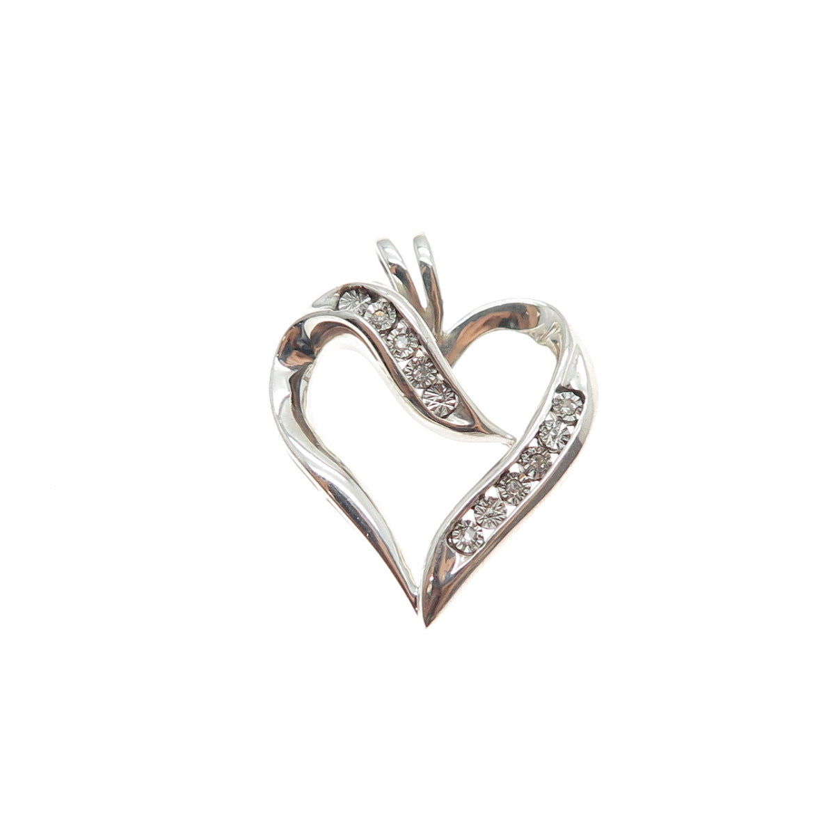 925 Sterling Silver Real Round-Cut Diamond Heart Charm Pendant