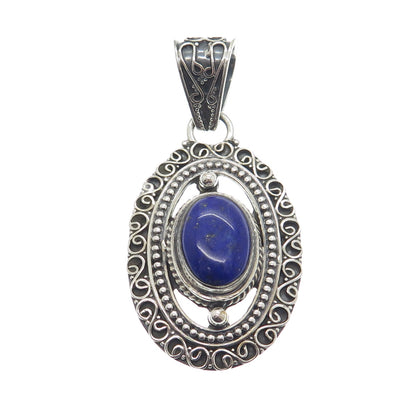 925 Sterling Silver Vintage Real Lapis Lazuli Gemstone Boho Ornate Pendant