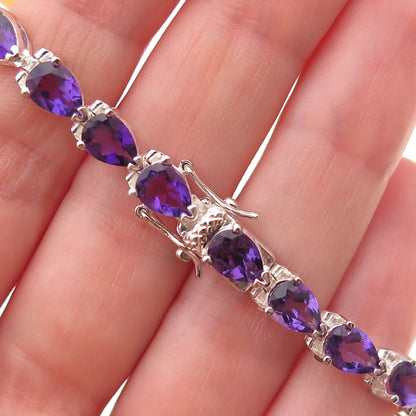 925 Sterling Silver Real Pear-Cut Amethyst Bracelet 7"