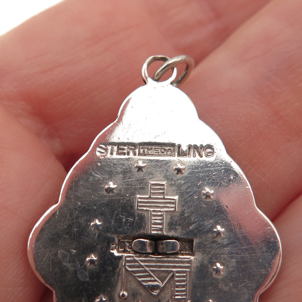 Theda Sterling Silver Antique Art Deco Real MOP Marcasite St. Mary Charm Pendant
