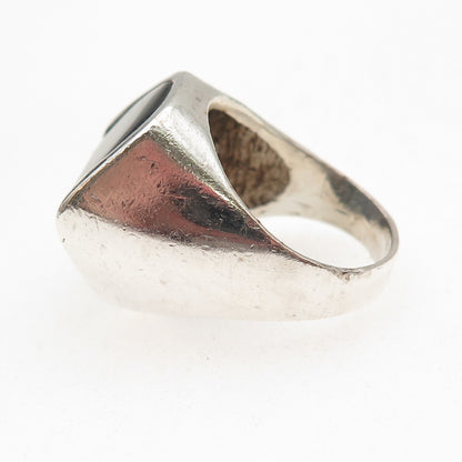 925 Sterling Silver Vintage Real Black Onyx Modernist Oxidized Ring Size 9.75