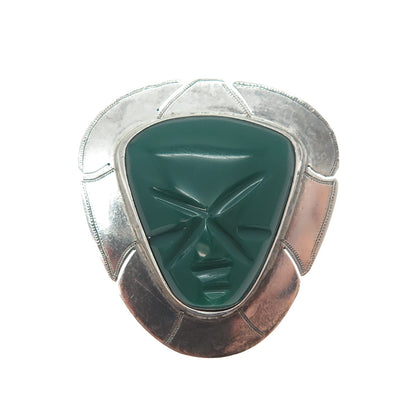 925 Sterling Silver Vintage Mexico Real Green Onyx Aztec God Pin Brooch Pendant