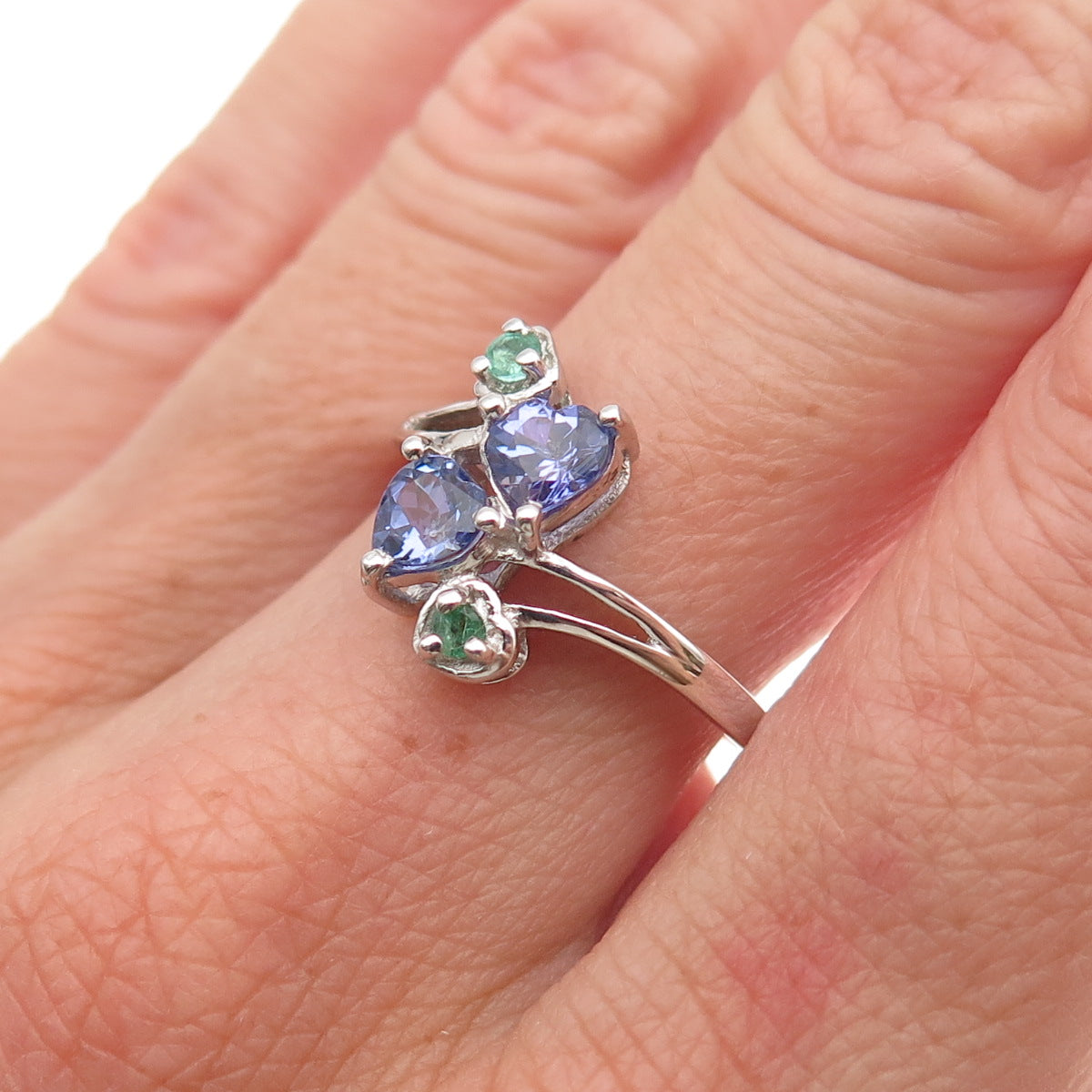 Chuck Clemency 925 Sterling Silver Real Tanzanite & Emerald Heart Ring Size 8