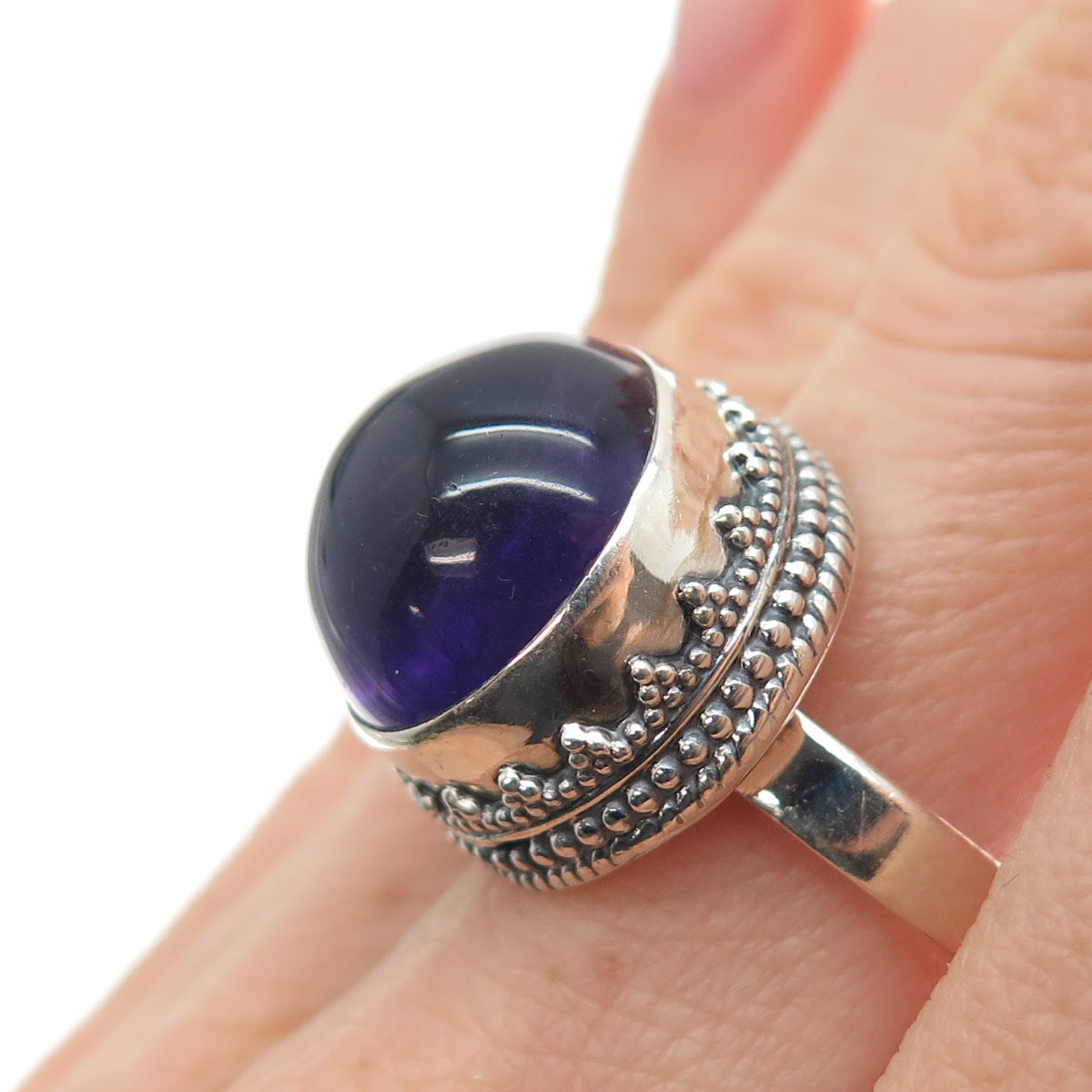 925 Sterling Silver Vintage Real Amethyst Granulated Ring Size 7.75