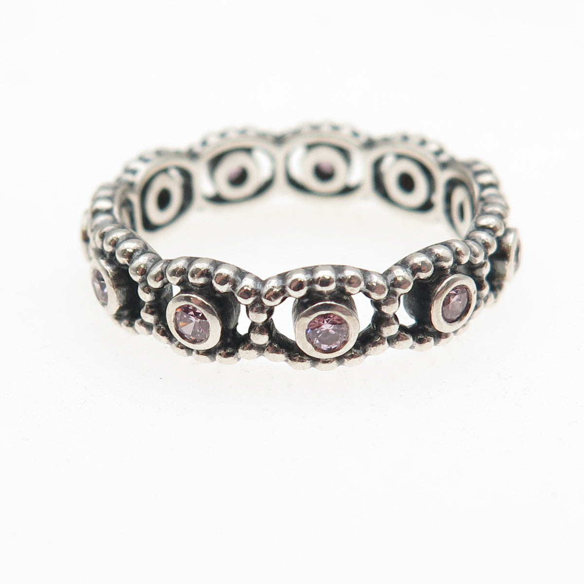 Pandora 925 Sterling Silver Round-Cut Pink C Z Her Majesty Band Ring Size 9