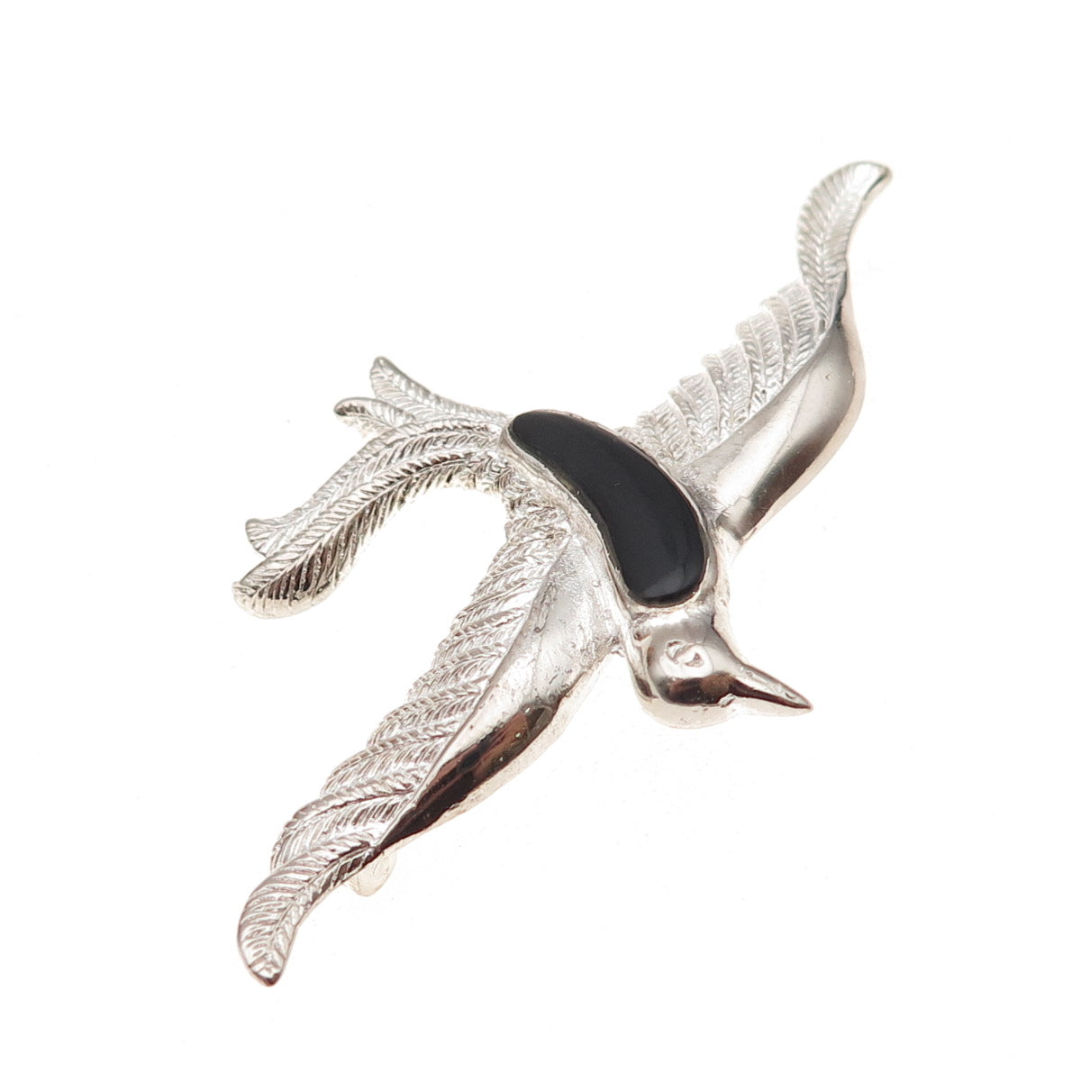 925 Sterling Silver Vintage Real Black Onyx Flying Bird Pin Brooch