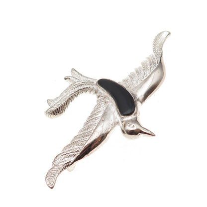 925 Sterling Silver Vintage Real Black Onyx Flying Bird Pin Brooch