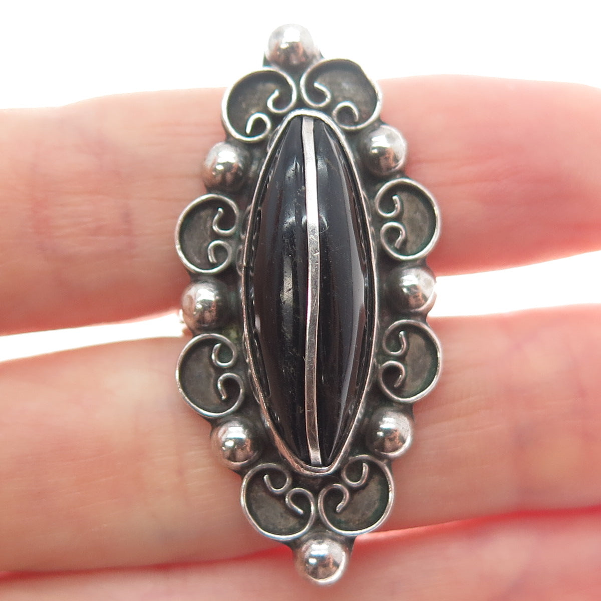 925 Sterling Silver Vintage Mexico Real Black Onyx Modernist Ring Size 6.75