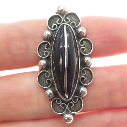 925 Sterling Silver Vintage Mexico Real Black Onyx Modernist Ring Size 6.75