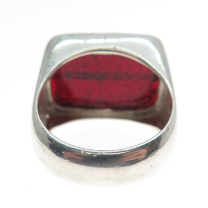 925 Sterling Silver Vintage Italy Red Glass Modernist Ring Size 11.25