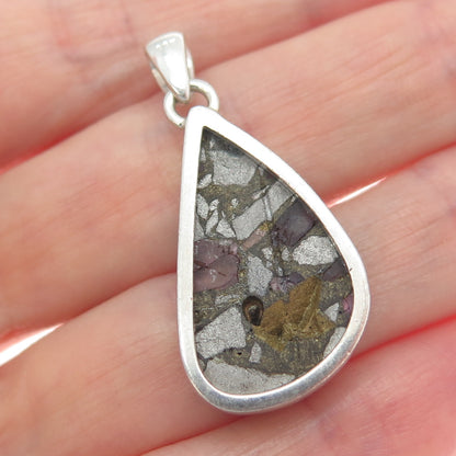 925 Sterling Vintage Real Pyrite Tourmaline & Red Garnet Inlay Modernist Pendant
