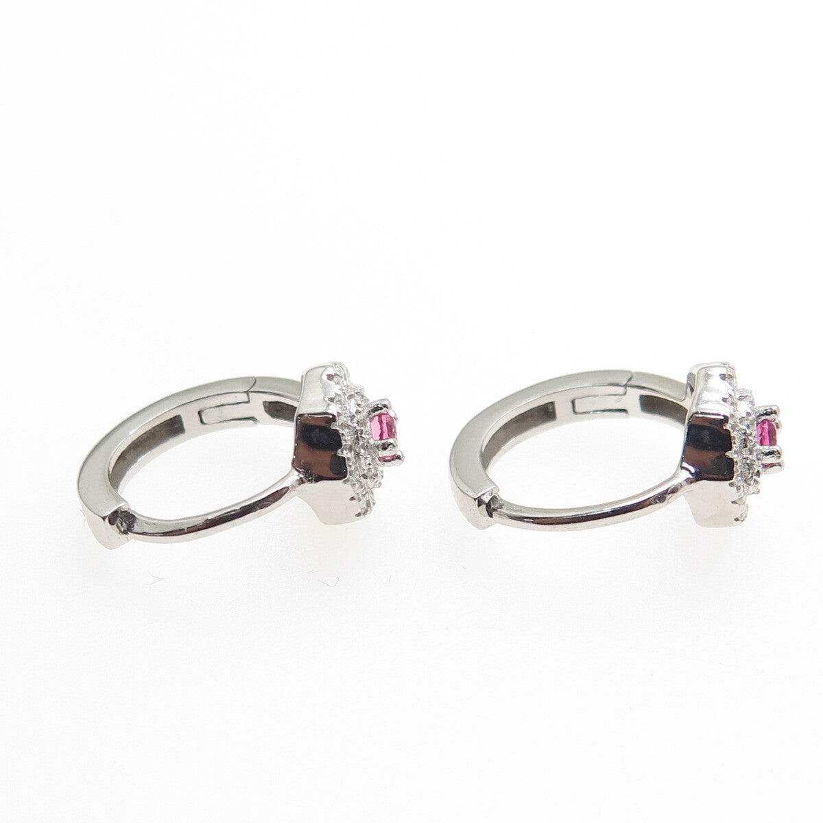 925 Sterling Silver Pink & White Round-Cut Shaped C Z Hoop Earrings