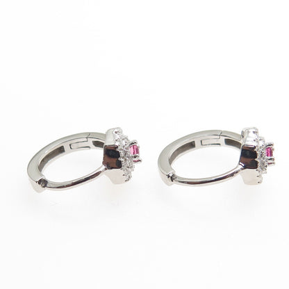 925 Sterling Silver Pink & White Round-Cut Shaped C Z Hoop Earrings