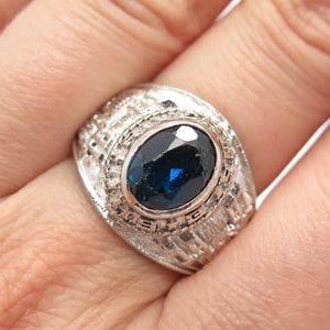925 Sterling Silver Vintage Reed & Co Blue Glass School Ring Size 8.5