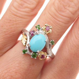 925 Sterling Silver 2-Tone Real Turquoise Amethyst & Peridot Floral Ring Size 8