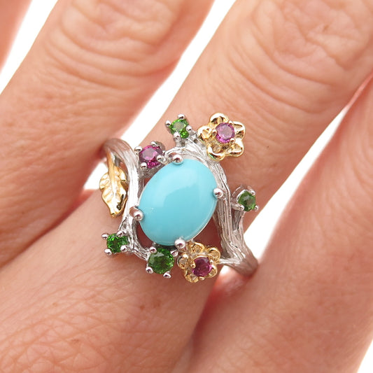 925 Sterling Silver 2-Tone Real Turquoise Amethyst & Peridot Floral Ring Size 8