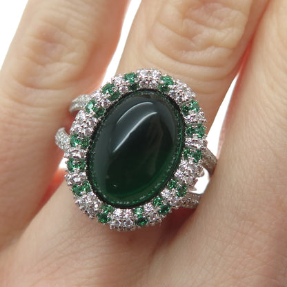 DSMK 925 Sterling Silver Cabochon Nano Emerald & C Z Ring Size 7.25
