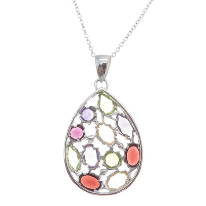 DSMK Sterling Silver Garnet Amethyst Citrine & Peridot Teardrop Necklace 16-18"
