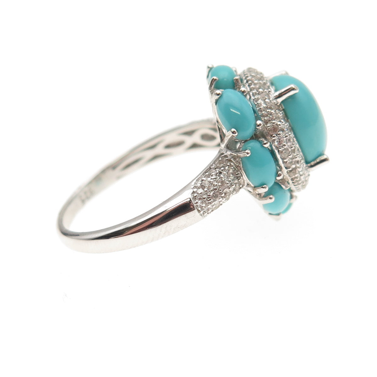 925 Sterling Silver Real Tyrone Turquoise & White Topaz Floral Ring Size 8.25