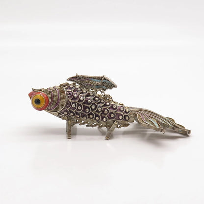 925 Sterling Silver Antique Enamel Chinese Koi Fish Chatelaine Pendant / Fob
