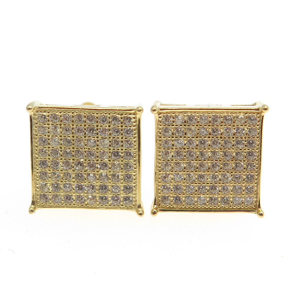 925 Sterling Silver Gold Plated Round-Cut C Z Princess Square Earrings