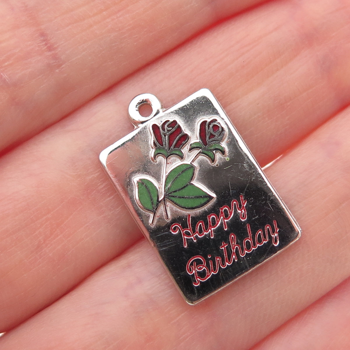 BEAU 925 Sterling Silver Vintage Enamel Happy Birthday Rose Mini Charm Pendant