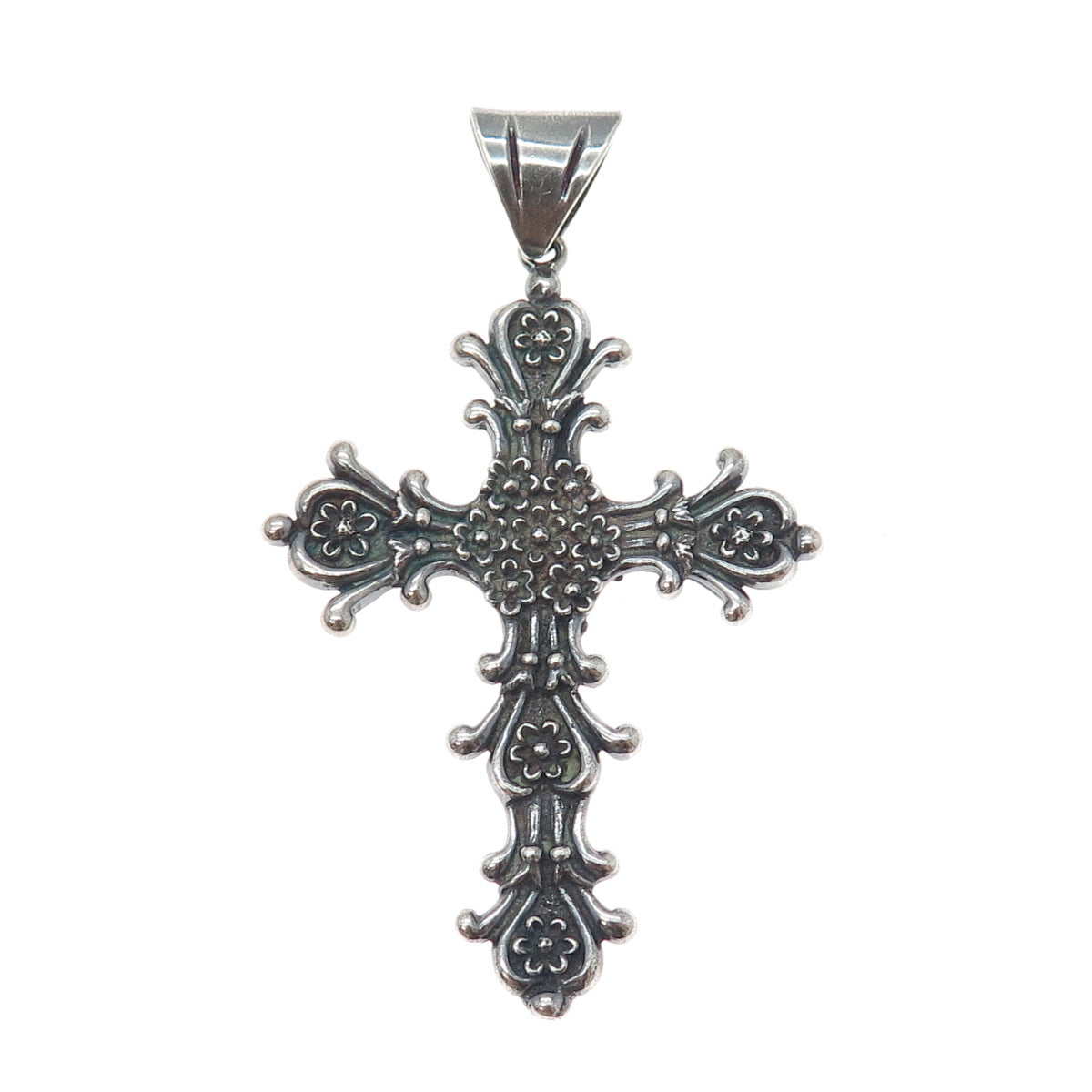 925 Sterling Silver Vintage Mexico Flower Cross Oxidized Charm Pendant