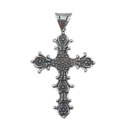 925 Sterling Silver Vintage Mexico Flower Cross Oxidized Charm Pendant