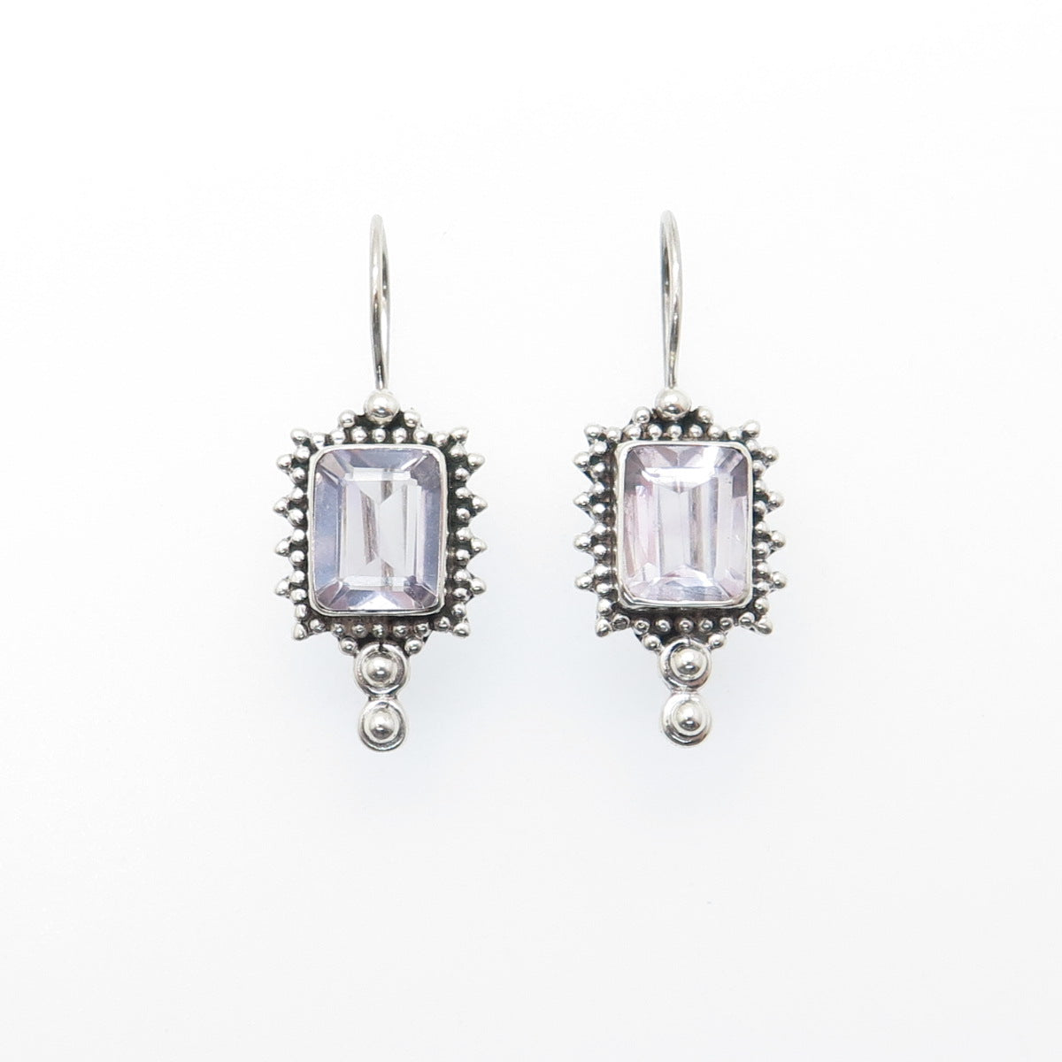 925 Sterling Silver Vintage Real Emerald-Cut Amethyst Granulated Dangle Earrings
