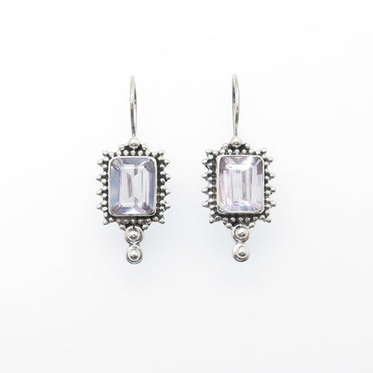 925 Sterling Silver Vintage Real Emerald-Cut Amethyst Granulated Dangle Earrings