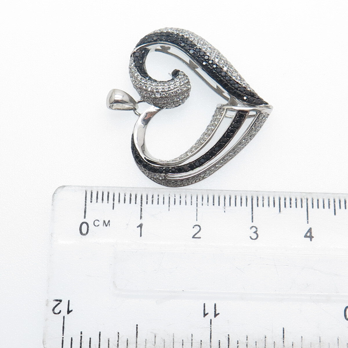 925 Sterling Silver Real Round-Cut Black Spinel & C Z Heart Pendant