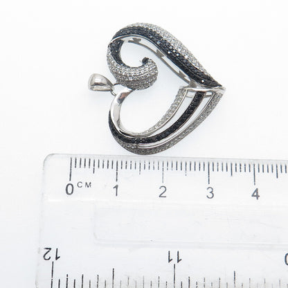 925 Sterling Silver Real Round-Cut Black Spinel & C Z Heart Pendant