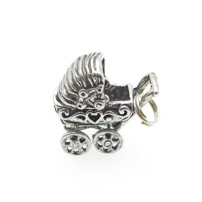 SUNRISE 925 Sterling Silver Vintage Baby Stroller Oxidized 3D Charm Mini Pendant
