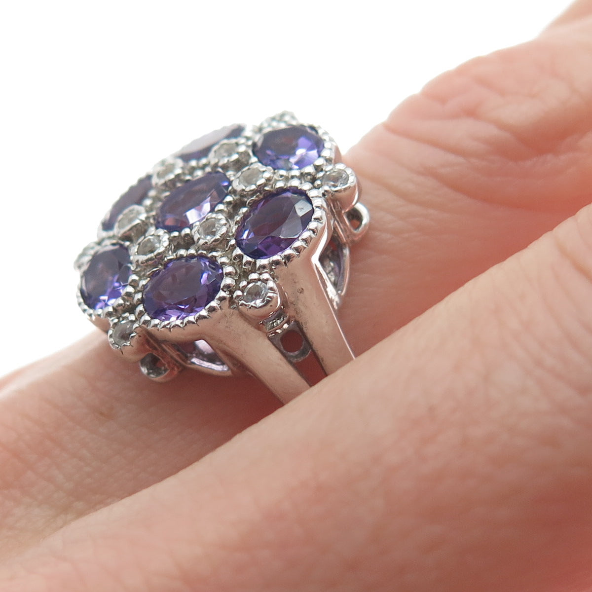 925 Sterling Silver Real Amethyst & White Topaz Gem Cluster Ring Size 7.25