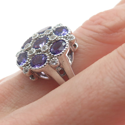 925 Sterling Silver Real Amethyst & White Topaz Gem Cluster Ring Size 7.25