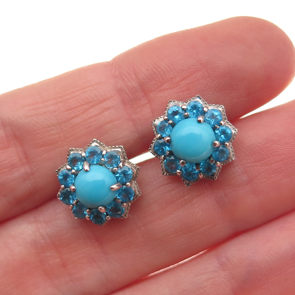 D'Joy 925 Sterling Silver Real Sleeping Beauty Turquoise & Apatite Stud Earrings